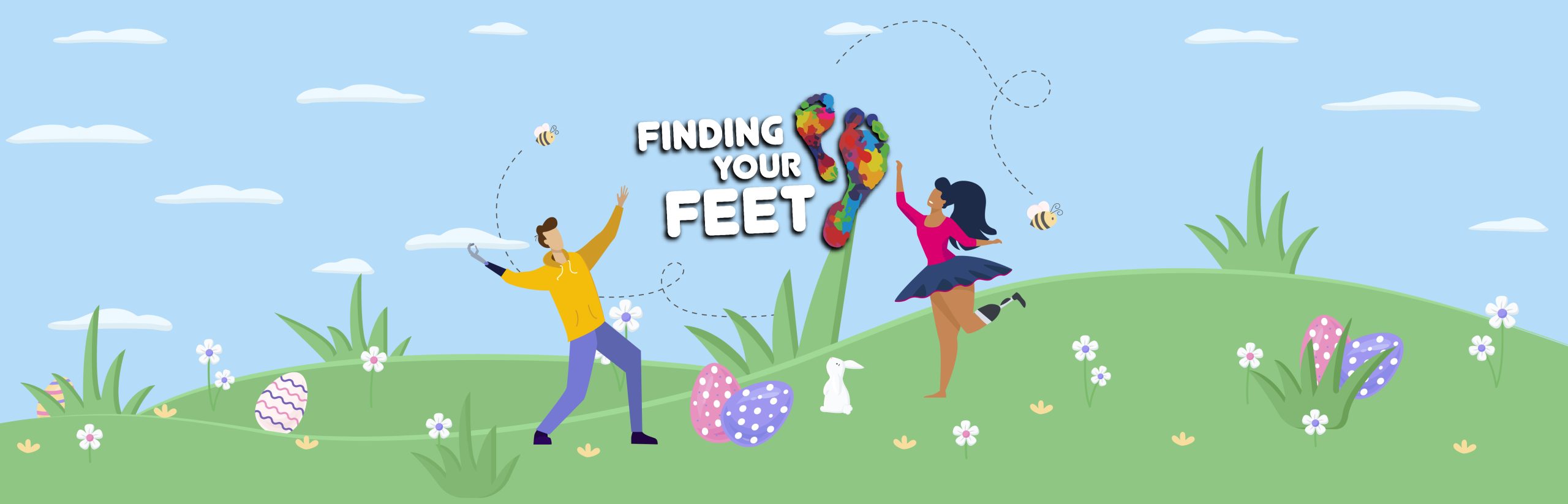 finding your feet logo with prosthetic wearing amputees, easter eggs, easter bunny on a green flowery hill
