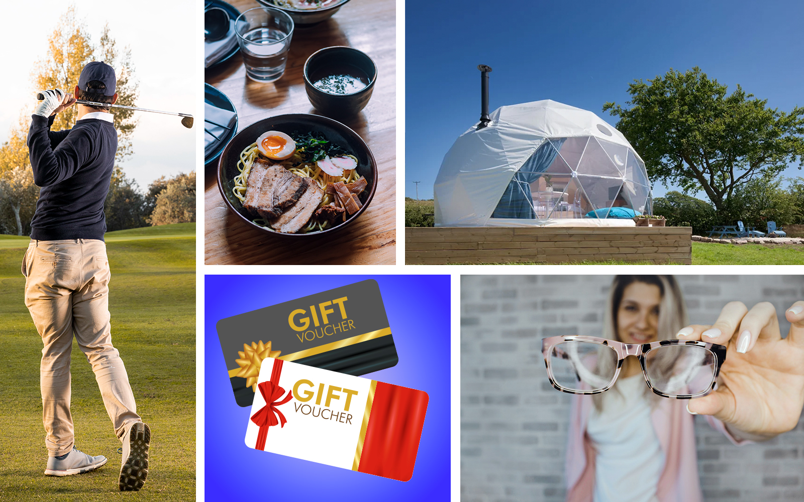 Easter Raffle promotional image showcasing golf, wagamamas food, the dome staycation, voucher image and specsavers glasses image