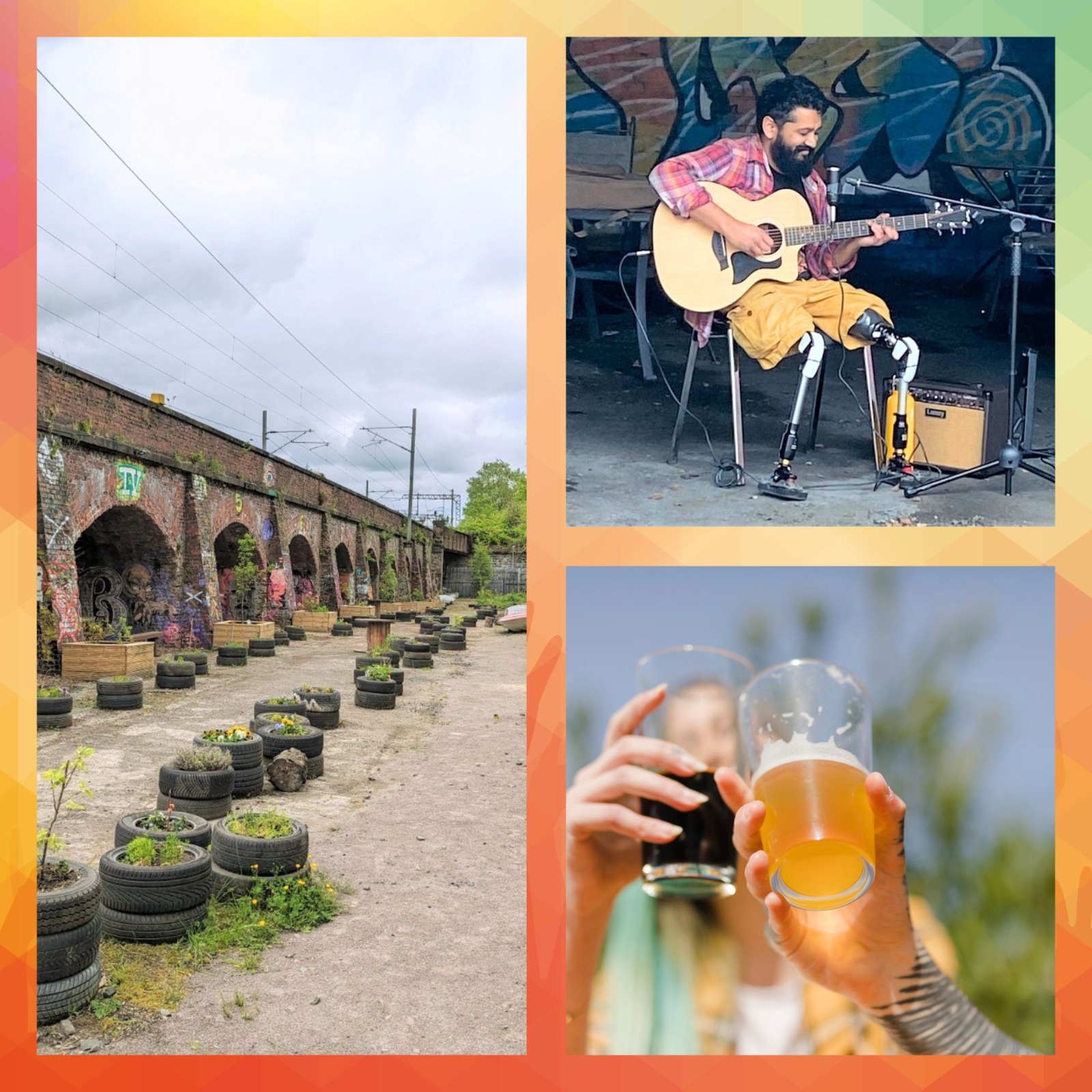 Festival Promotional image with a picture of the garden event venue, Paul playing guitar, and two people giving each other a cheers with drinks